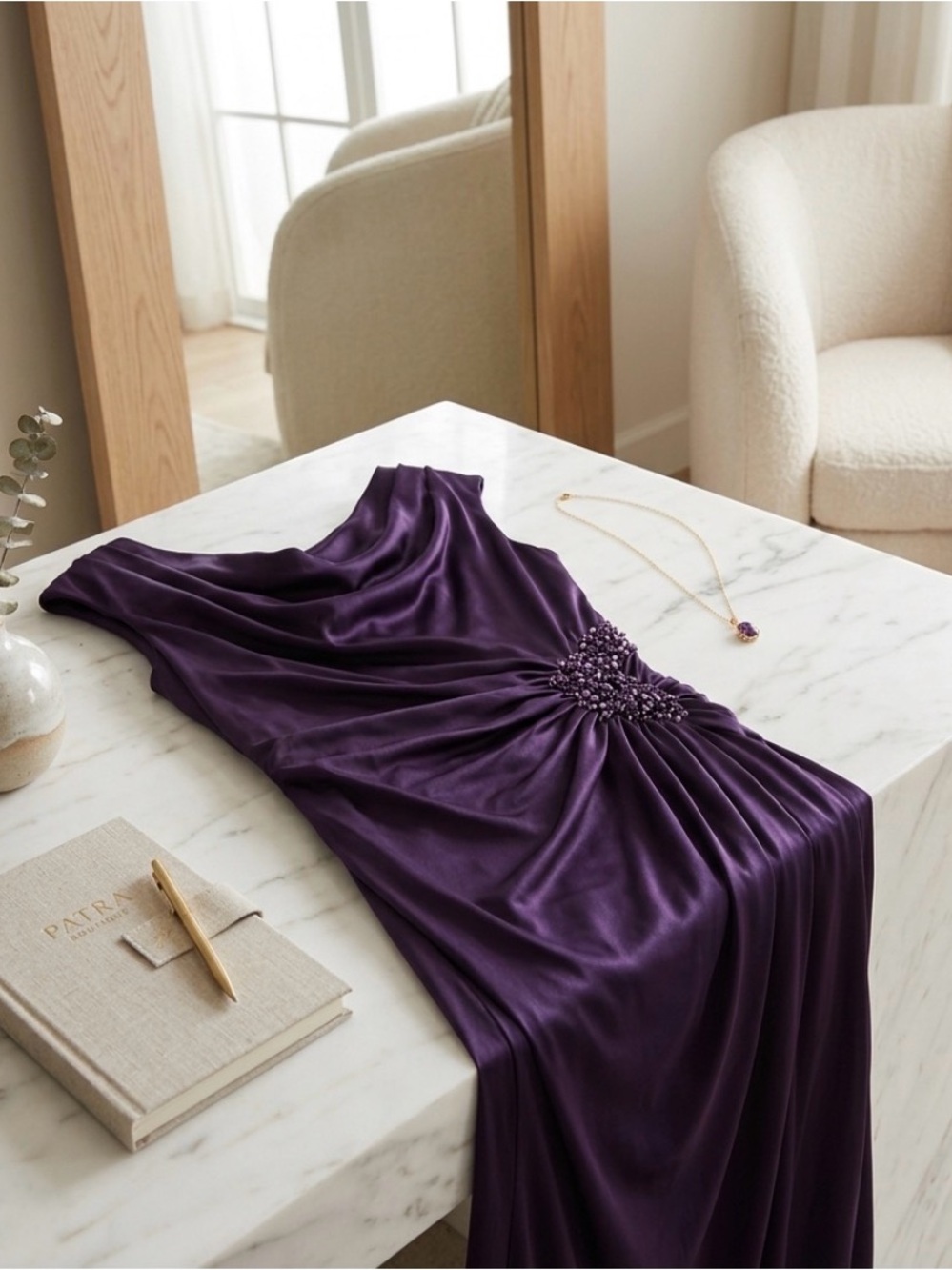 Patra Purple Satin Cowl Neck Beaded Ruched Evening Gown Size 14 - Picture 5 of 9